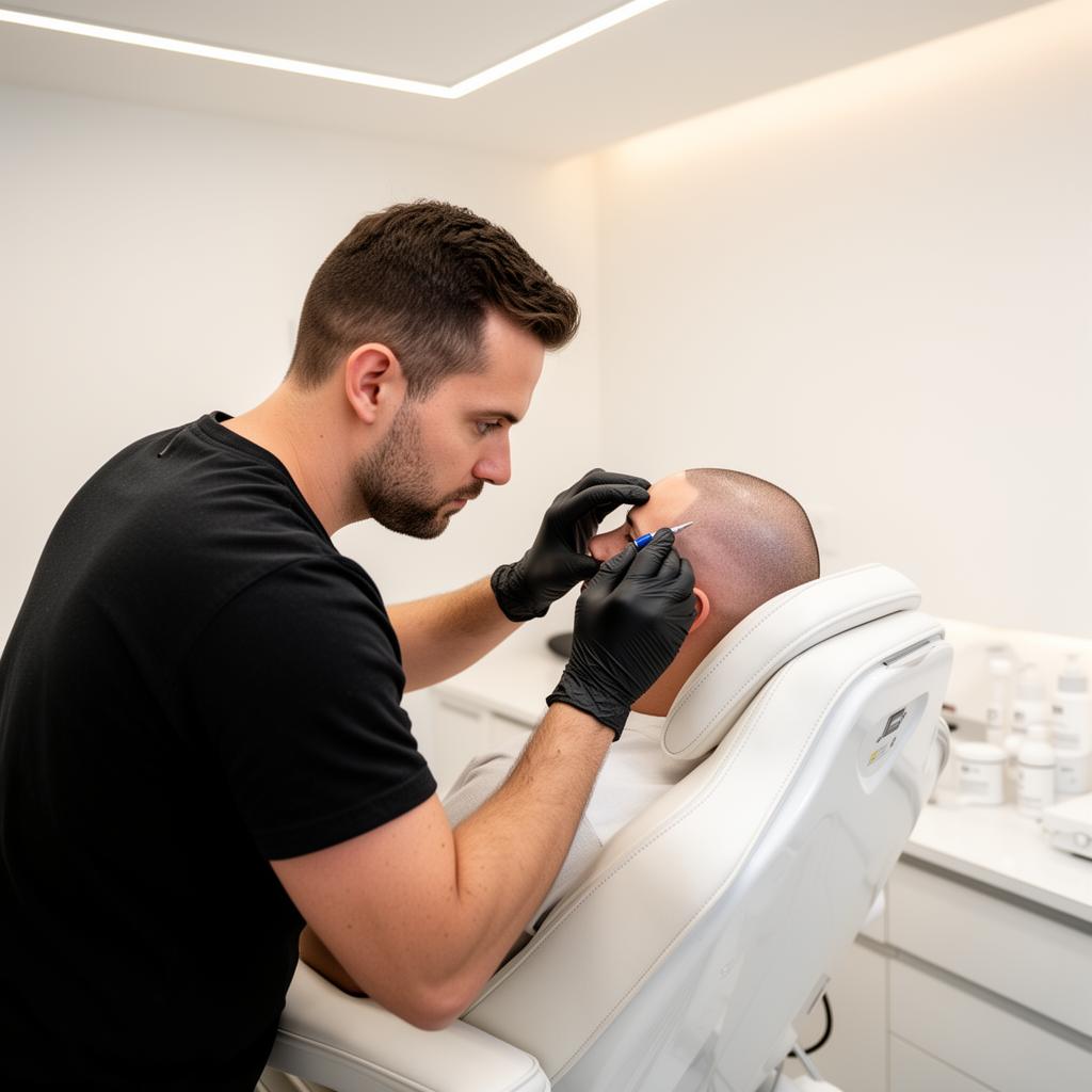 SMP artist examining a client during consultation